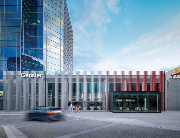 Vertical aluminum blades outline the exterior of Gensler's Phoenix office location.