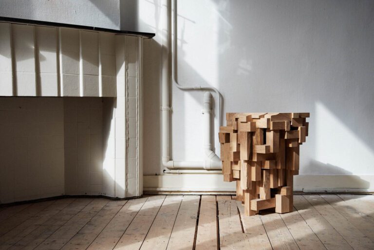 A wooden table made to fit like puzzle pieces.
