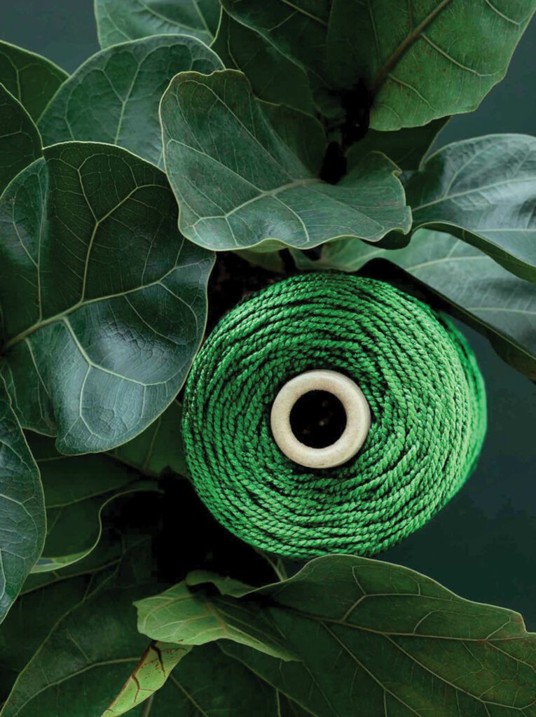 A spool of green yarn used for Ege Carpets near lush leaves. 