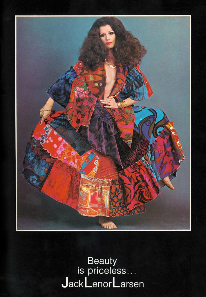 1971 - Jack Lenor Larsen used a plunging neckline to show a wild, wide variety of patterns. 