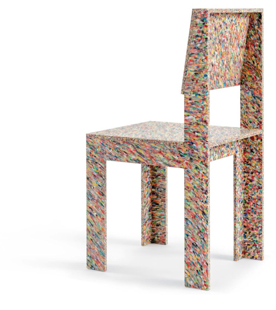 RCP2, a new series of Jane Atfield's 1992 chair from original manufacturer Yemm & Hart, which fabricates the speckled material from discarded plastic bottles