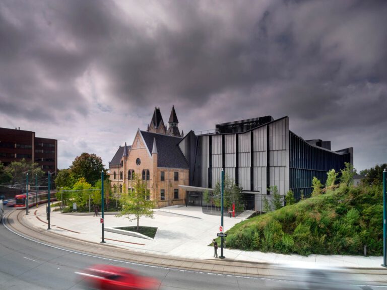 Daniels Building east façade showing the original Knox College with NADAAA’s addition, University of Toronto.