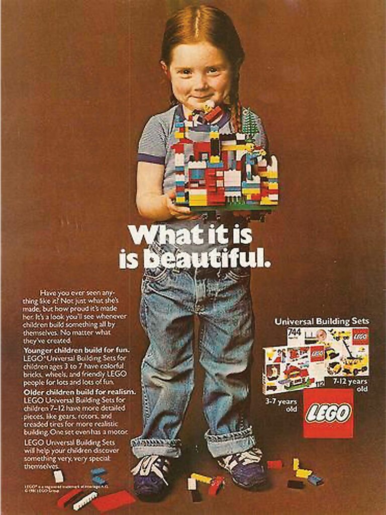 A vintage Lego ad with a girl holding a Lego building that reads What it is is beautiful.