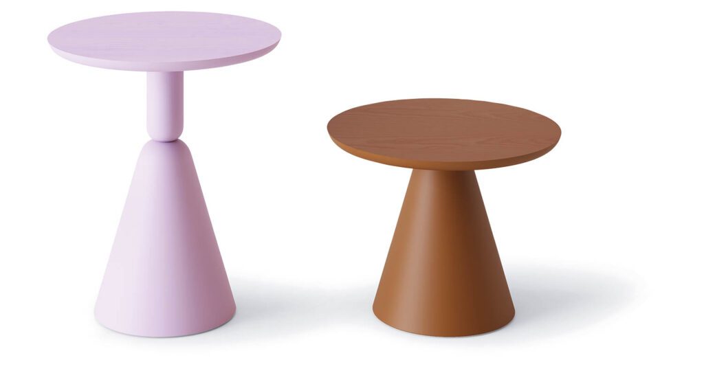 Ionna Vautrin’s Pion tables with stained-ash tops and lacquered bases by Sancal.