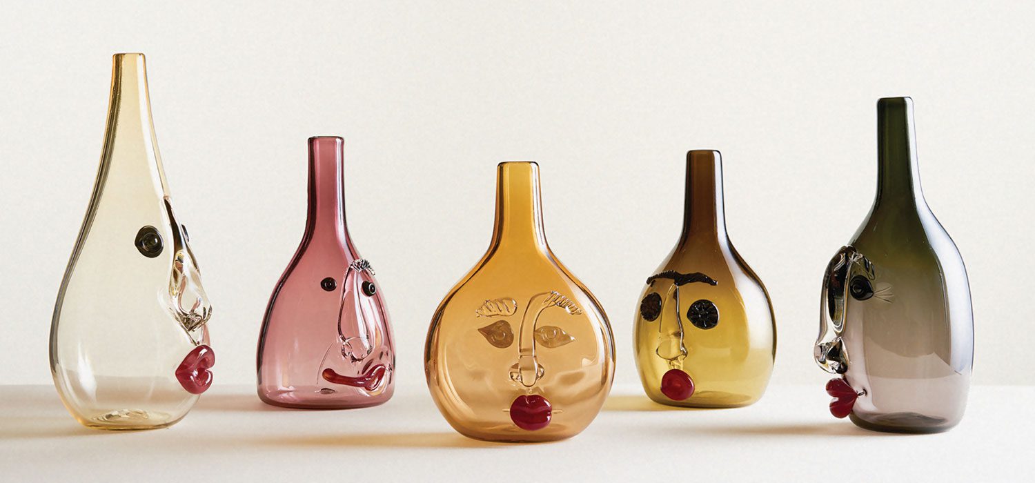 Bottleheads handblown glass pieces with sculpted bitwork by Rochester, New York–based glassblower/sculptor Elizabeth Lyons through LES Collection.