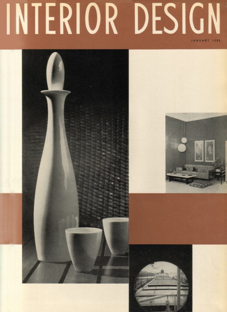 1955 - The January issue of Interior Design features sculptural ceramics by Luke and Rolland Lietzke; Le Corbuiser's Notre-Dame-du-Haut chapel is finished in Ronchamp, France.