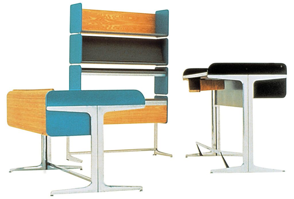 1964 - George Nelson and Robert Propst's Action Office furniture for Herman Miller responds to the work habits of nine-to-fivers, while Jeremiah Goodman's illustration of C. Eugene Stephenson design takes the cover of Interior Design's February issue.