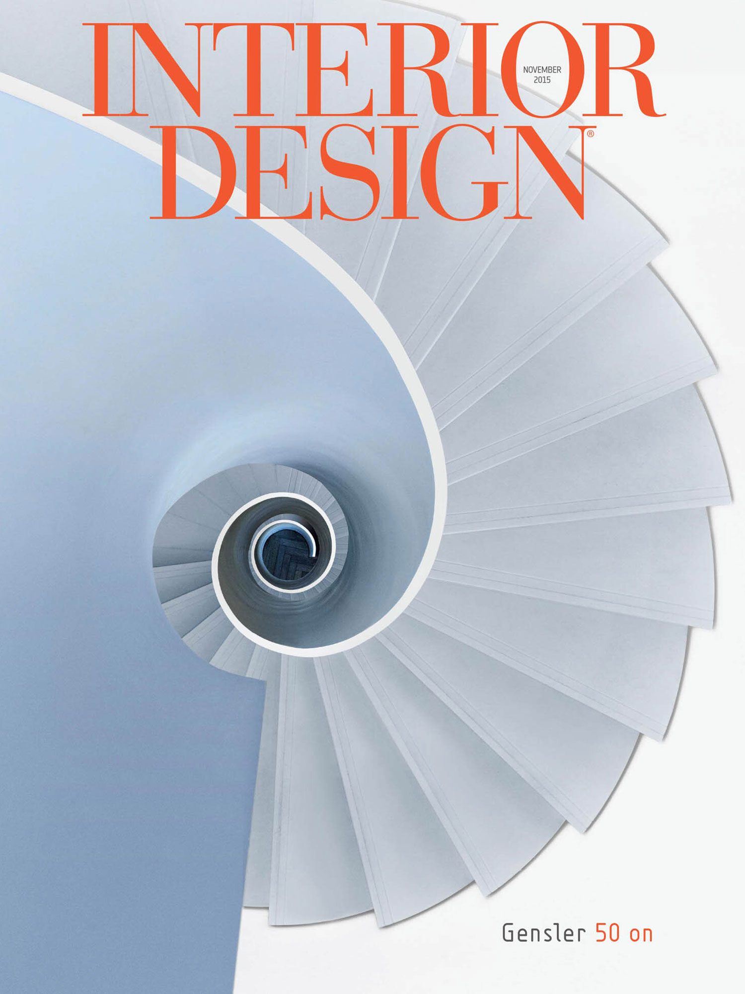 The magazine’s November 2015 cover, celebrating the firm’s 50th anniversary with a nautilus-inspired stair in the Frankfurt, Germany office of Hyundai Capital.