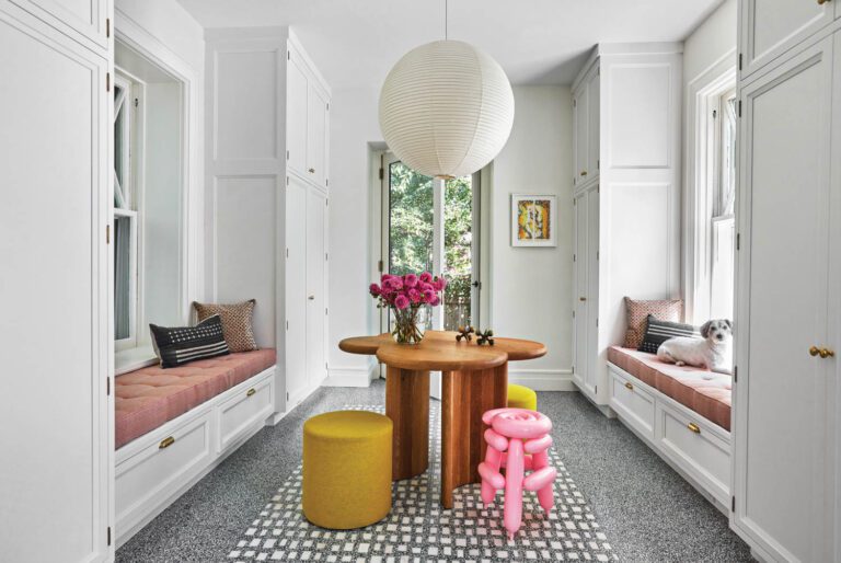 Dufner Heighes designed the mudroom’s Bubble table; the terrazzo flooring by Artistic Tile incorporates marble chips.