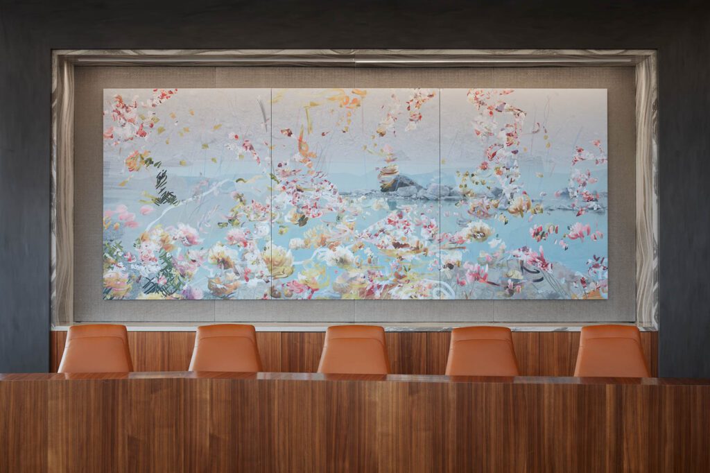 In the seventh floor boardroom, a custom Cambria millwork surround frames a 15’-foot-long digital painting by Petra Cortright.