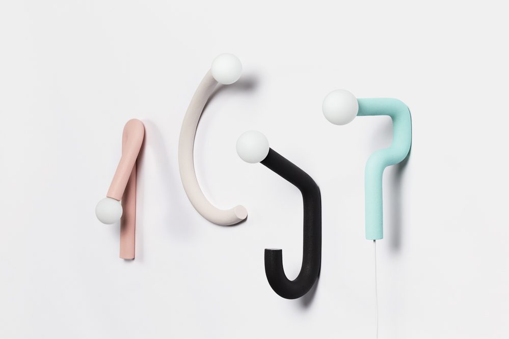 Hotel Object 02, 04, 01, and 03 sconces in copper tubing, waste nylon powder, and silica sand in Pink, Cream, Anthracite, and Aqua